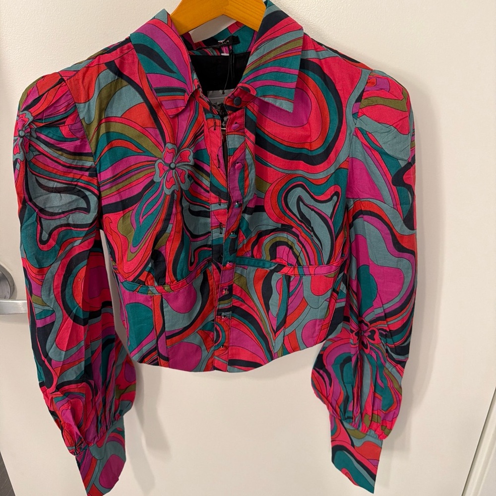 SOLD-Olivaceous Swirl cropped corset puff sleeve button up top